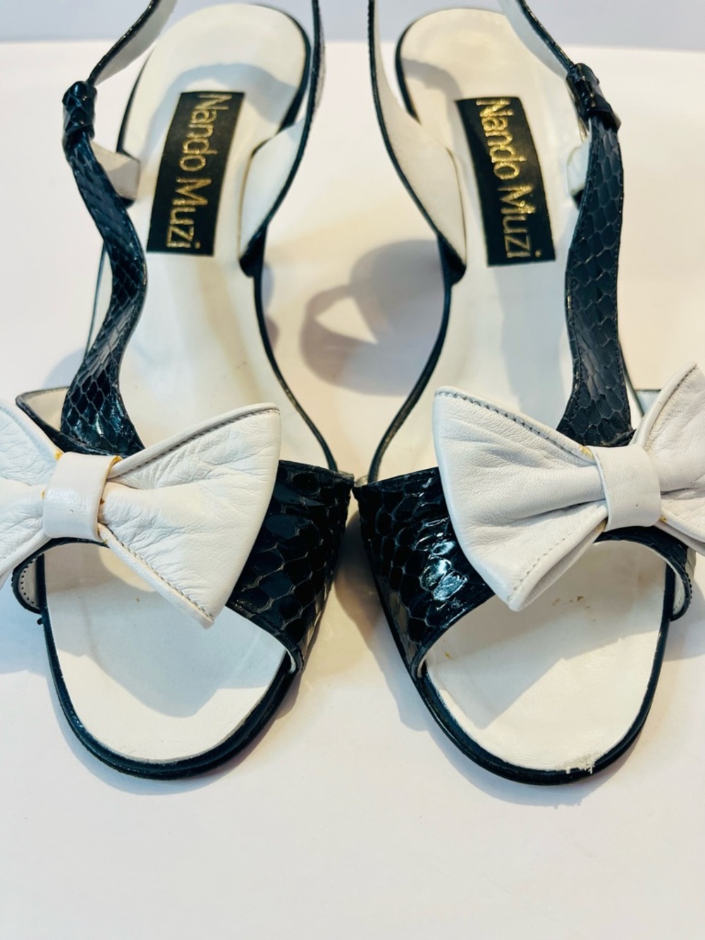 Nando Muzi Black White Leather Bow Slingback Heels Sandals Italy 36.5 / US 6